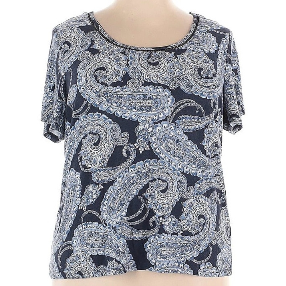 Tommy Hilfiger Blue Paisley Scoop Neck Ladder Trim Stretch Top Plus Size 2X - Picture 2 of 6